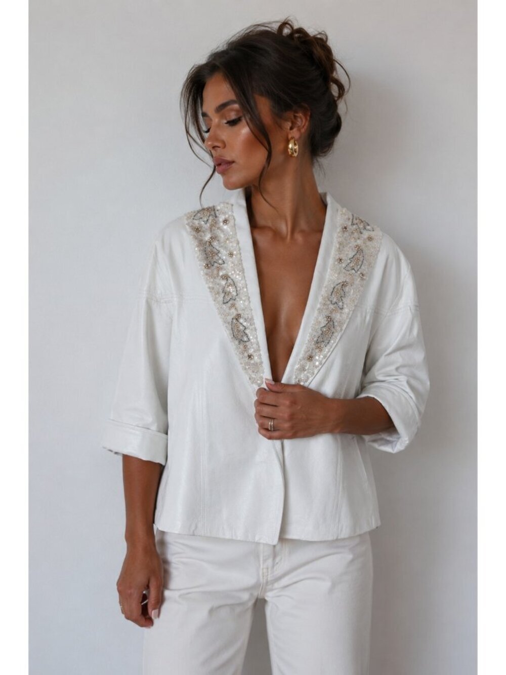 Vintage White Genuine Leather Beaded Sequin Jacket Women Cropped Open Front Boho